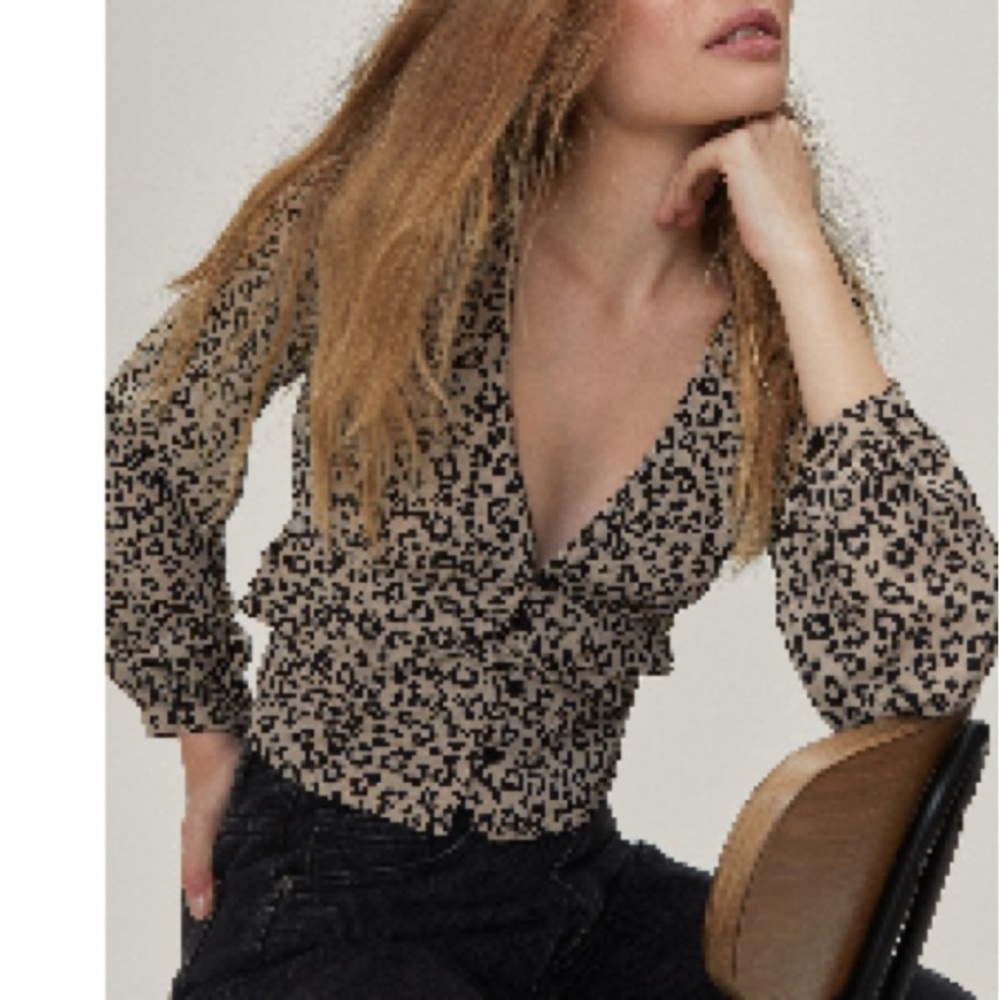 Leopard Print Low Cut Women's Frill Button Blouse